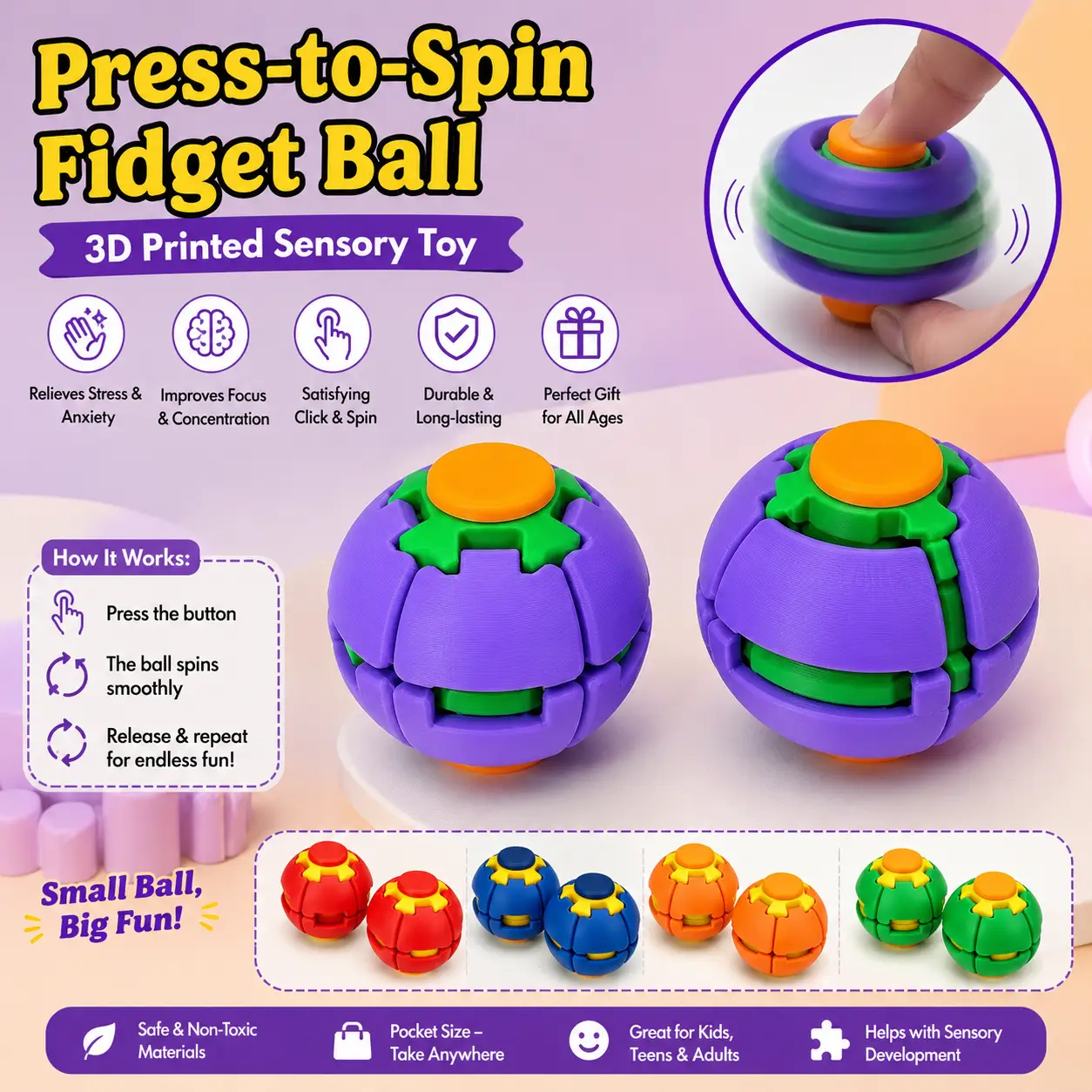 Press-to-Spin Fidget Ball – 3D Printed Sensory Toy